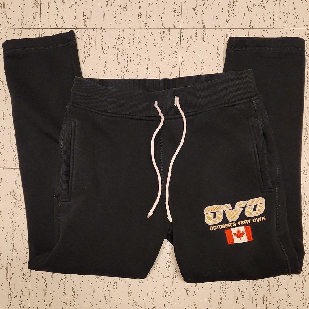 OVO Black Canada Flag Embroidered Big Logo Spellout Straight Leg Sweatpants